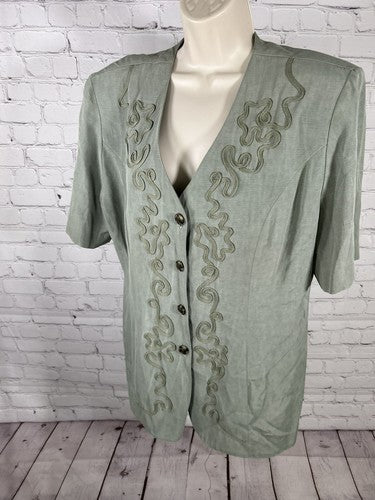 VTG Perceptions By Irene B Green Shoulder Padded Button Up Embellished Blouse 14