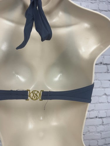 Victoria's Secret Grey Blue Gold Logo Halter Push Up Bikini Swim Top L