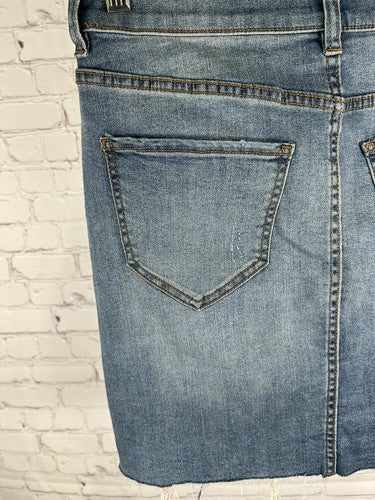 NWT NY&C Distressed Plaid Cut Outs Medium Wash Denim Short Jean Pencil Skirt 2