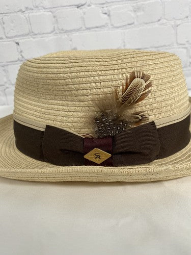 The Original Stacy Adams Beige Brown Band Feather Accent Woven Fedora One Size