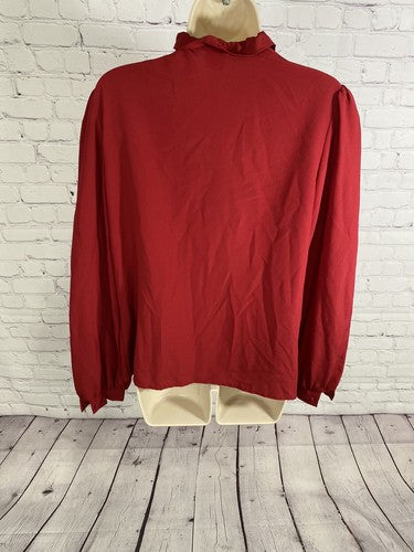 VTG Lorch Red Button Up Pleated High Neck Ruffle Long Sleeve Blouse Top USA 12
