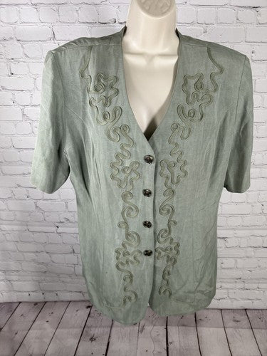 VTG Perceptions By Irene B Green Shoulder Padded Button Up Embellished Blouse 14