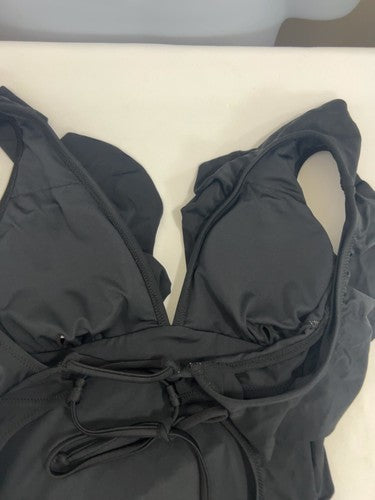 Cupshe Black Ruffle Plunge V Neck Lace Up Back One Piece Swimsuit S