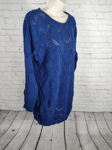 VTG Huntington Ridge Royal Blue Round Neck Pullover Open Knit Sweater Size Large