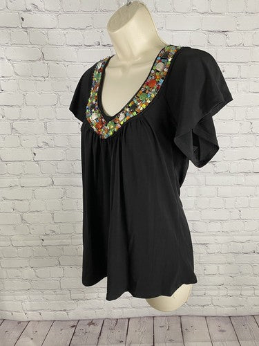 Carrie Allen Black Chunky Beaded Neckline Pleated Short Sleeve Blouse Womens L