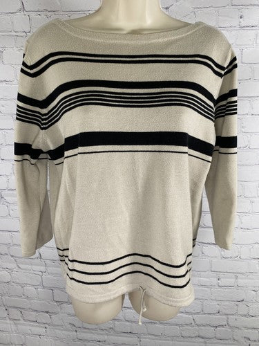 Laura Scott Black Beige 3/4 Sleeve Striped Waist Tie Knit Sweater M