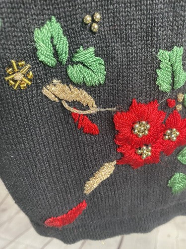 VTG Chrysantheme Black Poinsettia Embroidered Beaded Hand Knit Sweater 1X