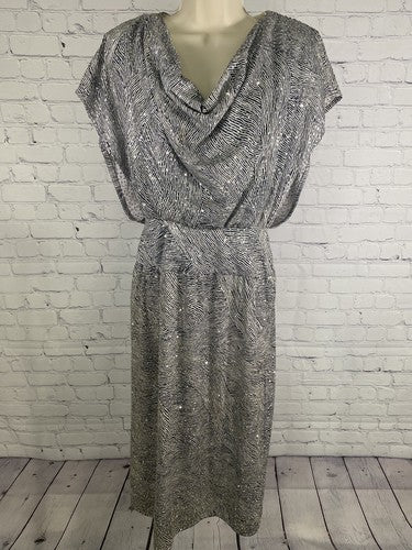 VTG Patra Black White Zebra Print Glittery Shoulder Pad Midi Length Dress 4