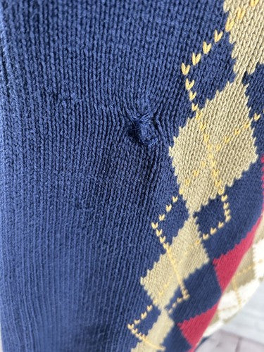 VTG Thane 100% Cotton Pullover Crew Neck Blue Red Brown White Argyle Sweater L