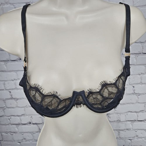 Bluebella Black Eyelash Lace Strappy Back Balconette Underwire Bra 34B