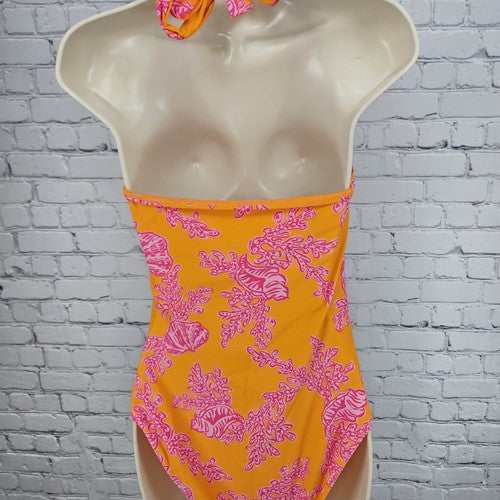 Ellen Tracy Orange Pink Coral Print Twist Front Halter One Piece Swimsuit 10