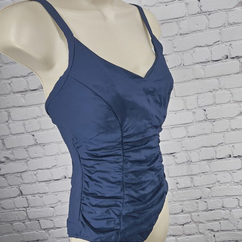 Seafolly Navy Ruched V Neck Strappy Back One Piece Swimsuit Bathing Suit 12DD
