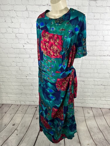 VTG Jessica Howard Colorful Shoulder Pad Front Wrap Back Zip Long Dress 22