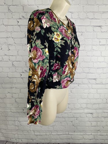VTG Marnie West Colorful Floral Long Sleeve Button Up Cropped Blouse Womens L