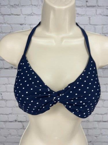 Aerie Navy White Polka Dot Twist Front Halter Tie Bikini Swim Top L