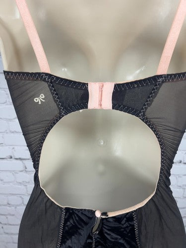 VTG Victoria's Secret Black Pink Satin Mesh Garter Babydoll Chemise Slip 36C