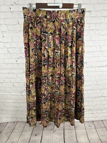 VTG JH Collectibles Floral Yellow Purple Pleated Back Zip Button Maxi Skirt 14