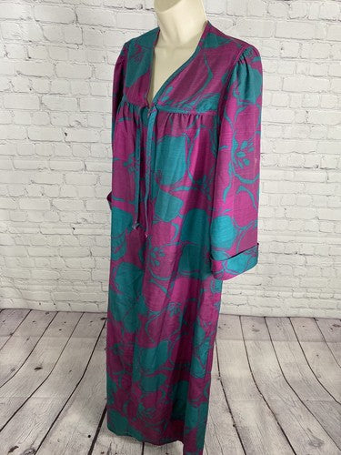 VTG Kayser Blue Purple Front Zip 3/4 Sleeve Pleated Long House Dress Women’s S