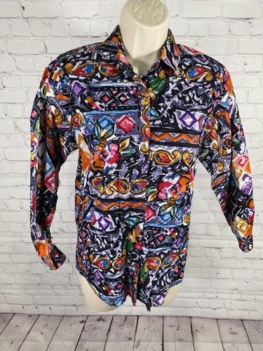 VTG TRIBES for Her Collared Long Sleeve Geometric Paisley Colorful Button Up XS