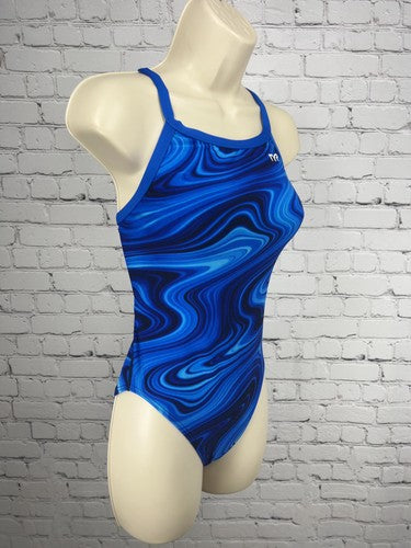 TYR Blue Swirl Print Cross Back One Piece Swimsuit Bathing Suit Size 32 M