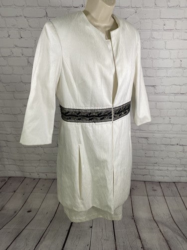 Sharagano Suits White Shift Dress Long Jacket 2 Piece Set Embroidered Beaded 12