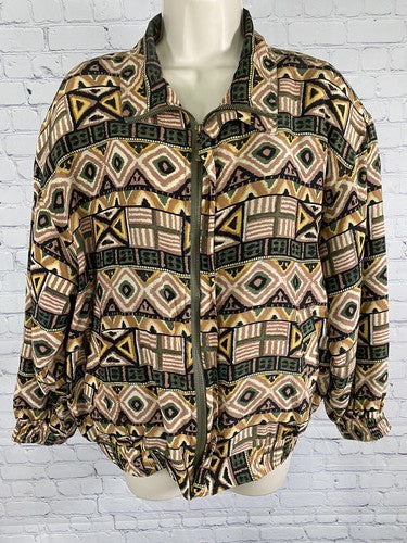 VTG Fuda International Colorful Aztec Print Full Zip 100% Silk Bomber Jacket M
