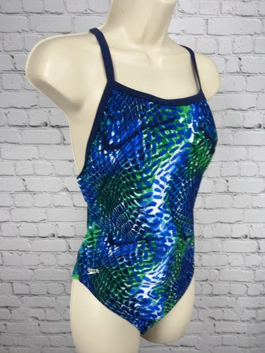 Speedo Blue Green Snake Print Cross Back One Piece Swimsuit Bathing Suit 40