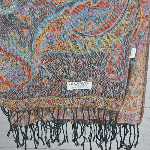 Pashmina Black Multicolor Paisley Jacquard Fringe Pashmina Wrap Scarf One Size