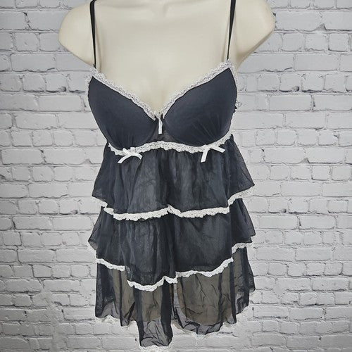Nature Intimates Black White Lace Trim Tiered Mesh Underwire Babydoll 36B