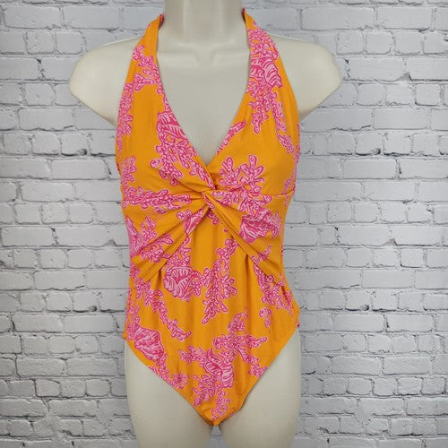 Ellen Tracy Orange Pink Coral Print Twist Front Halter One Piece Swimsuit 10