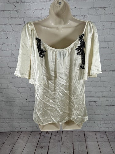 Chelsea Flower Ivory 100% Silk Rhinestones Embroidered Scoop Neck Blouse M