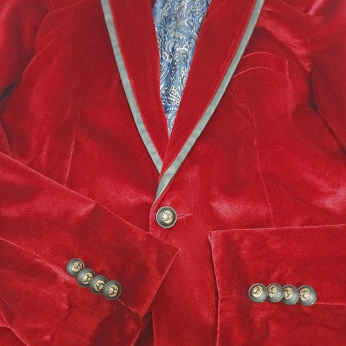 Thwei Red Velvet Faux Leather Trim 1 Button Notch Lapel Blazer Sport Coat M