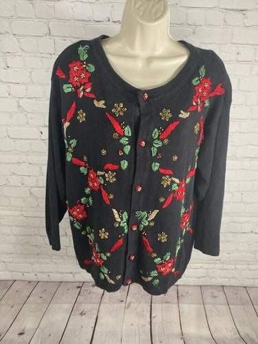 VTG Chrysantheme Black Poinsettia Embroidered Beaded Hand Knit Sweater 1X