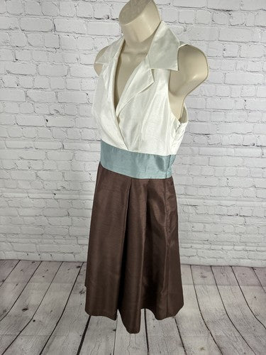 Willow Glenn White Blue Brown Lined Collared Sleeveless A Line Dress Women’s 4P