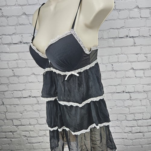 Nature Intimates Black White Lace Trim Tiered Mesh Underwire Babydoll 36B