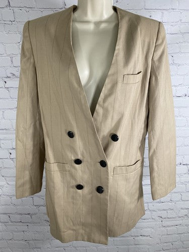 Le Suit Beige Black Vertical Striped Double Breasted Coat Jacket Blazer 12