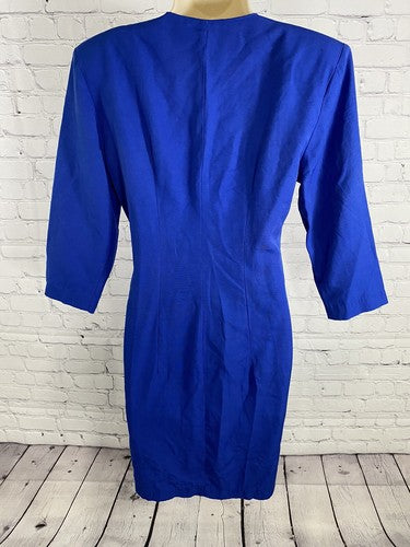 VTG Champagne West 1960s Blue Button Up Shoulder Pad Pleated Shift Dress 8P