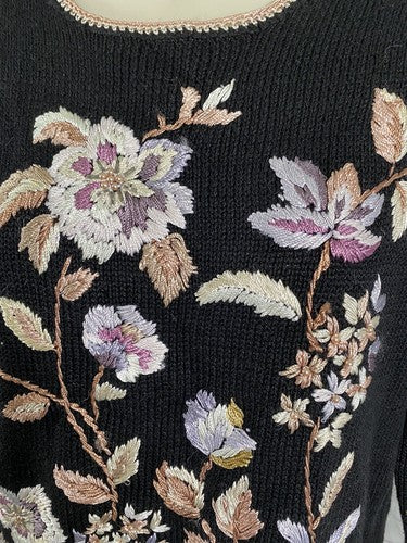 VTG Worthington Black Floral Beaded Embroidered Shoulder Pad Pullover Sweater M