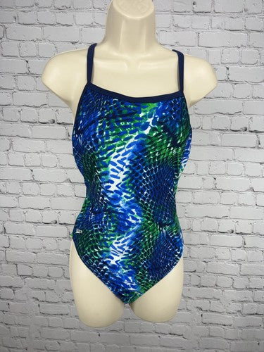 Speedo Blue Green Snake Print Cross Back One Piece Swimsuit Bathing Suit 40