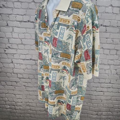 VTG Island Fever Cream Tropical Bahama Print Cotton Short Sleeve Polo Shirt L