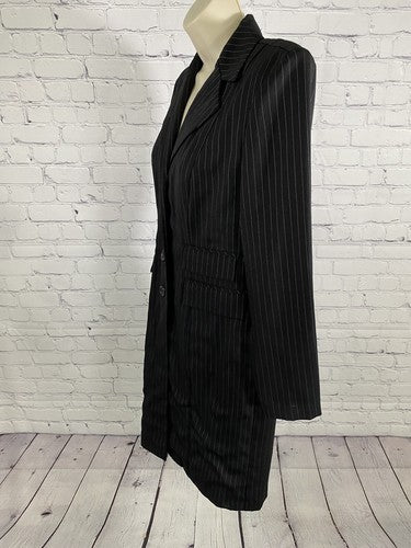VTG Dani Max Petite Shoulder Pads Long Black Pinstriped Light Overcoat Jacket 4