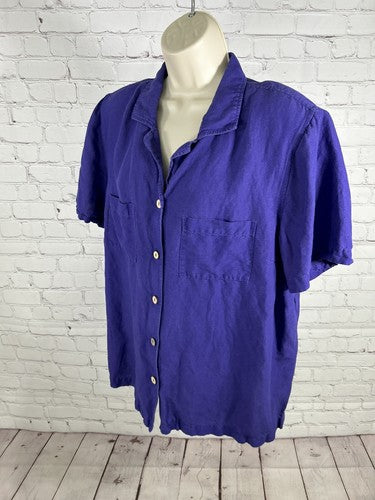 Maggie Barnes Linen/Rayon Solid Purple Short Sleeve Wooden Buttons Shirt 14/16