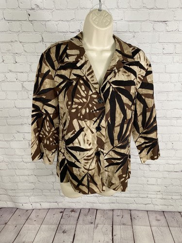 VTG Ellen Figg Linen Cotton Blend Brown Black Leafy Print Button Up Blouse 14