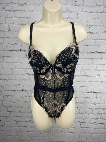 Auden Black Nude Floral Lace Underwire Push Up Thong Bodysuit Teddy M