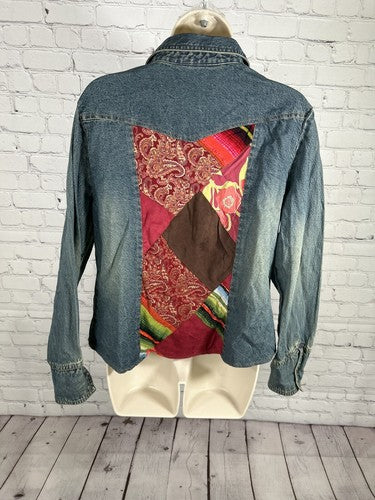 Stonebridge Medium Wash Long Sleeve Denim Snap Up Shirt Quilted Colorful Back PL