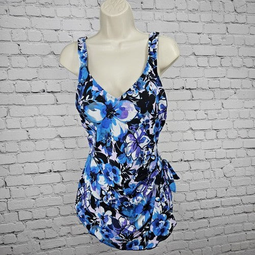 Maxine of Hollywood Blue Purple Floral V Neck One Piece Swimsuit Bathing Suit 14