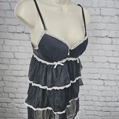 Nature Intimates Black White Lace Trim Tiered Mesh Underwire Babydoll 36B