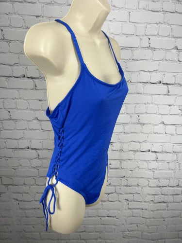 Shade & Shore Blue Ruched Side Tie Strappy Back One Piece Swimsuit Size L