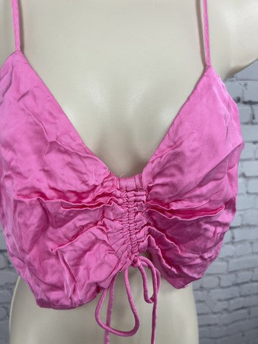 Aerie Pink Ruched Drawstring Front V Neck Cami Crop Top Size S