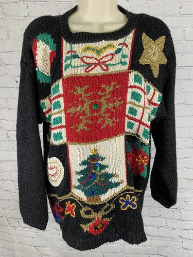 Cabin Creek Chunky Knit Christmas Tree Shoulder Pad Jingle Bell Beaded Sweater L